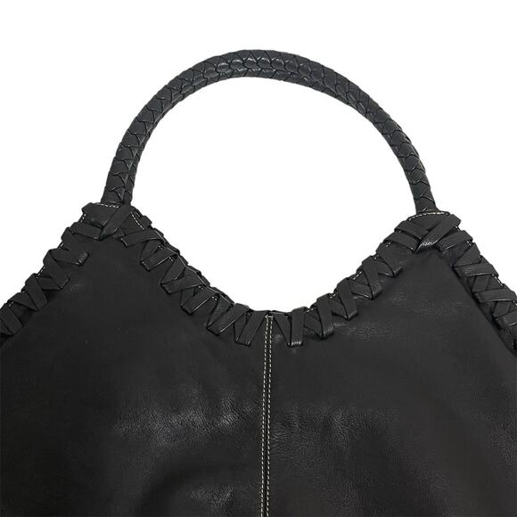Donald J Pliner Braided Woven Trim Hobo Bag Black Leather Large Boho Flaws - Picture 6 of 16